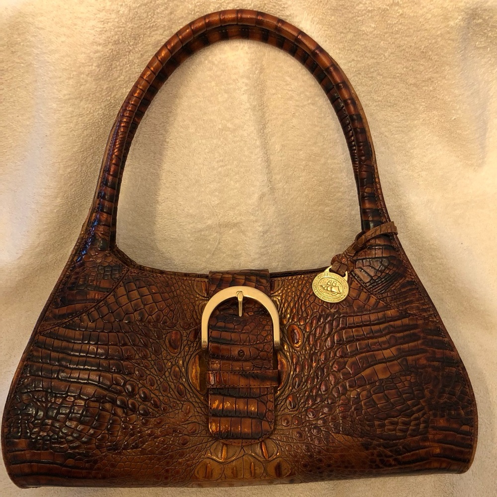 Brahmin Metallic Toasted Almond Crocodile Embossed Leather Shoulder Bag.